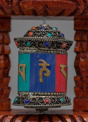 Compact Copper Prayer Wheel with Mantras and Stones | Vibrant Buddhist Devotional Tool