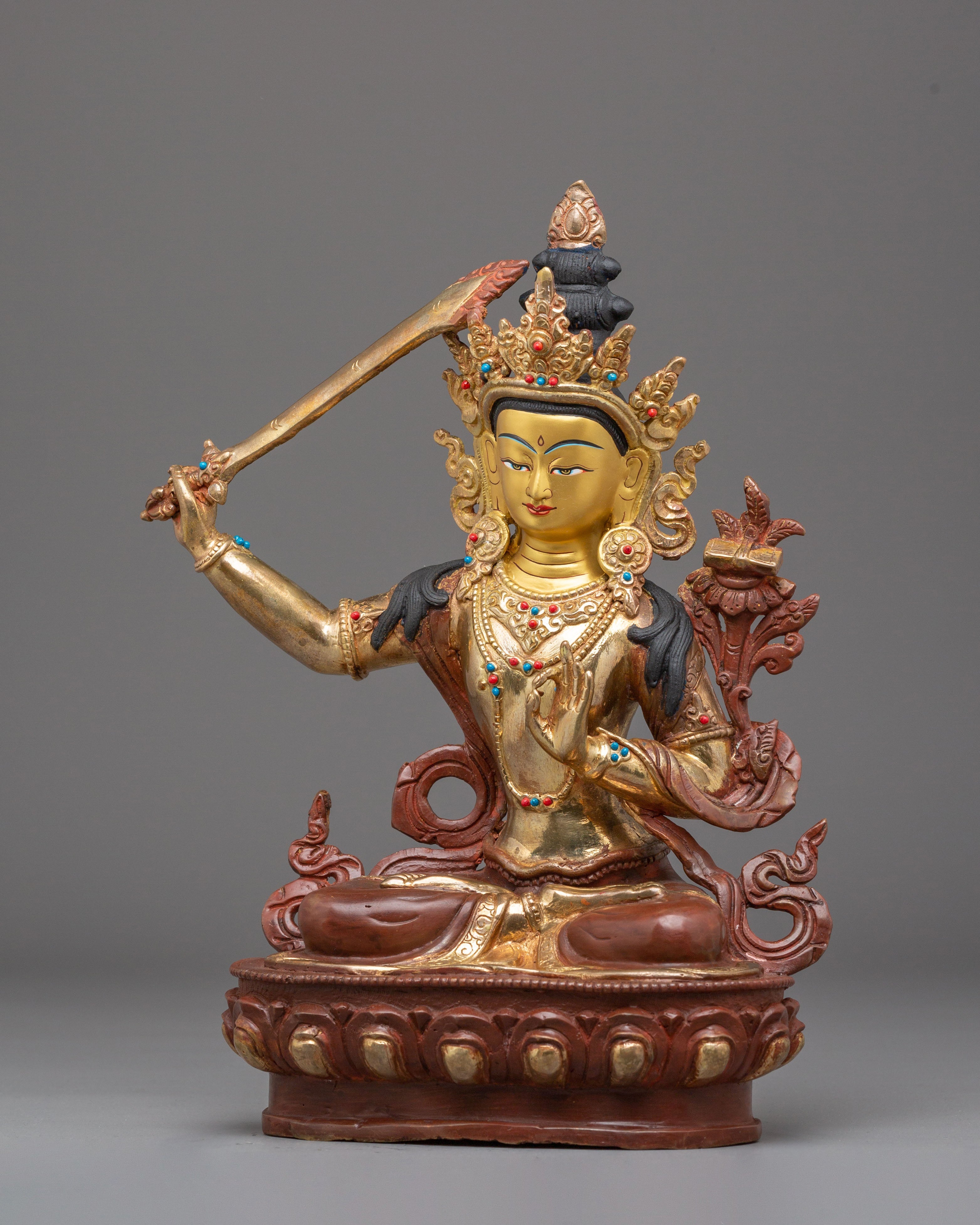 Statue of Supreme Deity of Wisdom Manjushri | Gold Plated Buddhist Bodhisattva Sculpture