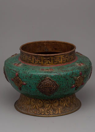 Handmade Tibetan Rice Pot | Dhupur Ritual Artifact with Turquoise Stone Details