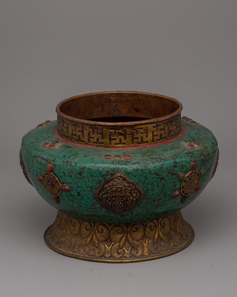 Handmade Tibetan Rice Pot | Dhupur Ritual Artifact with Turquoise Stone Details