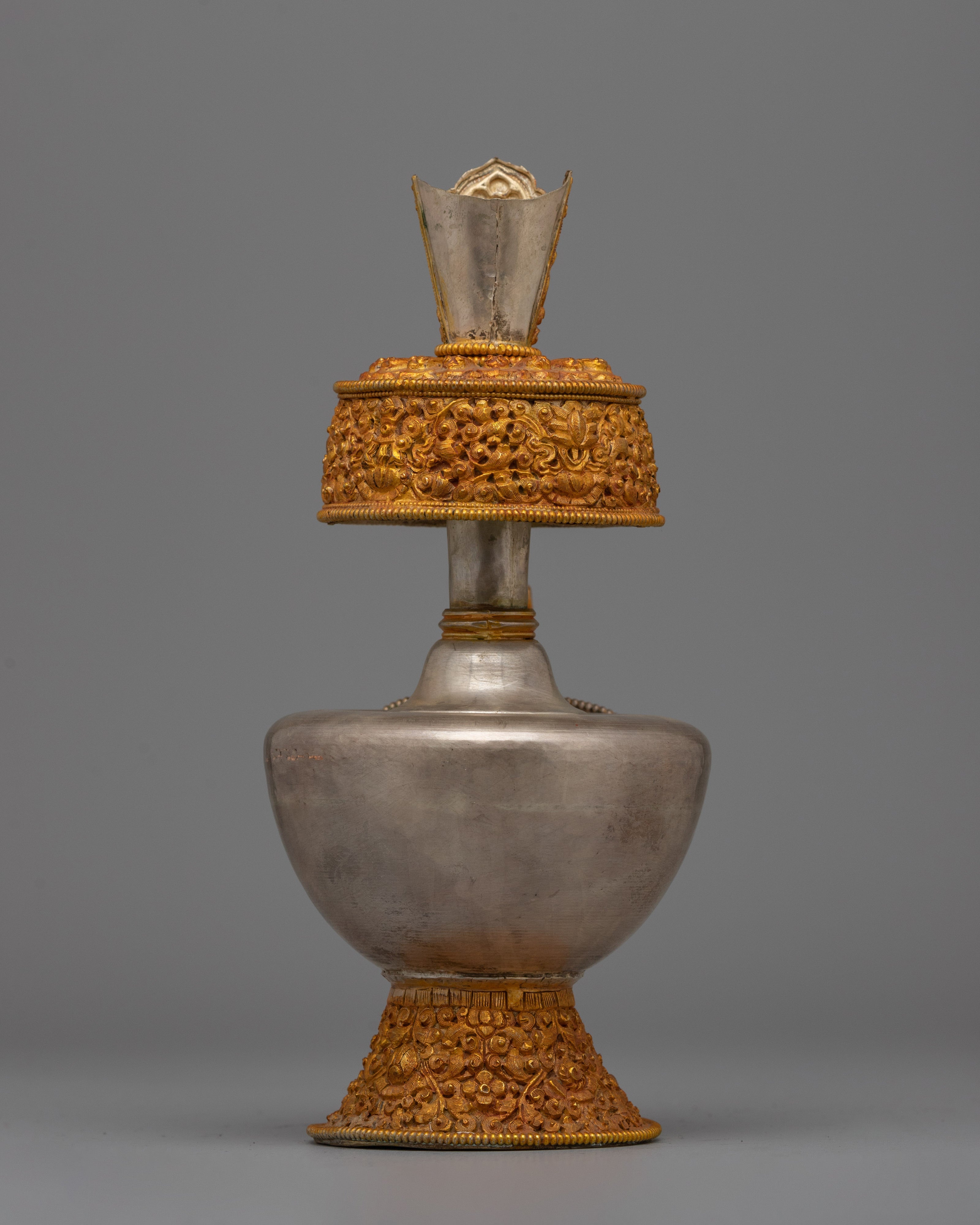 Gold Plated Silver Bhumba Vase | Buddhist Ritual Item and Copper Ritual Altar Decor