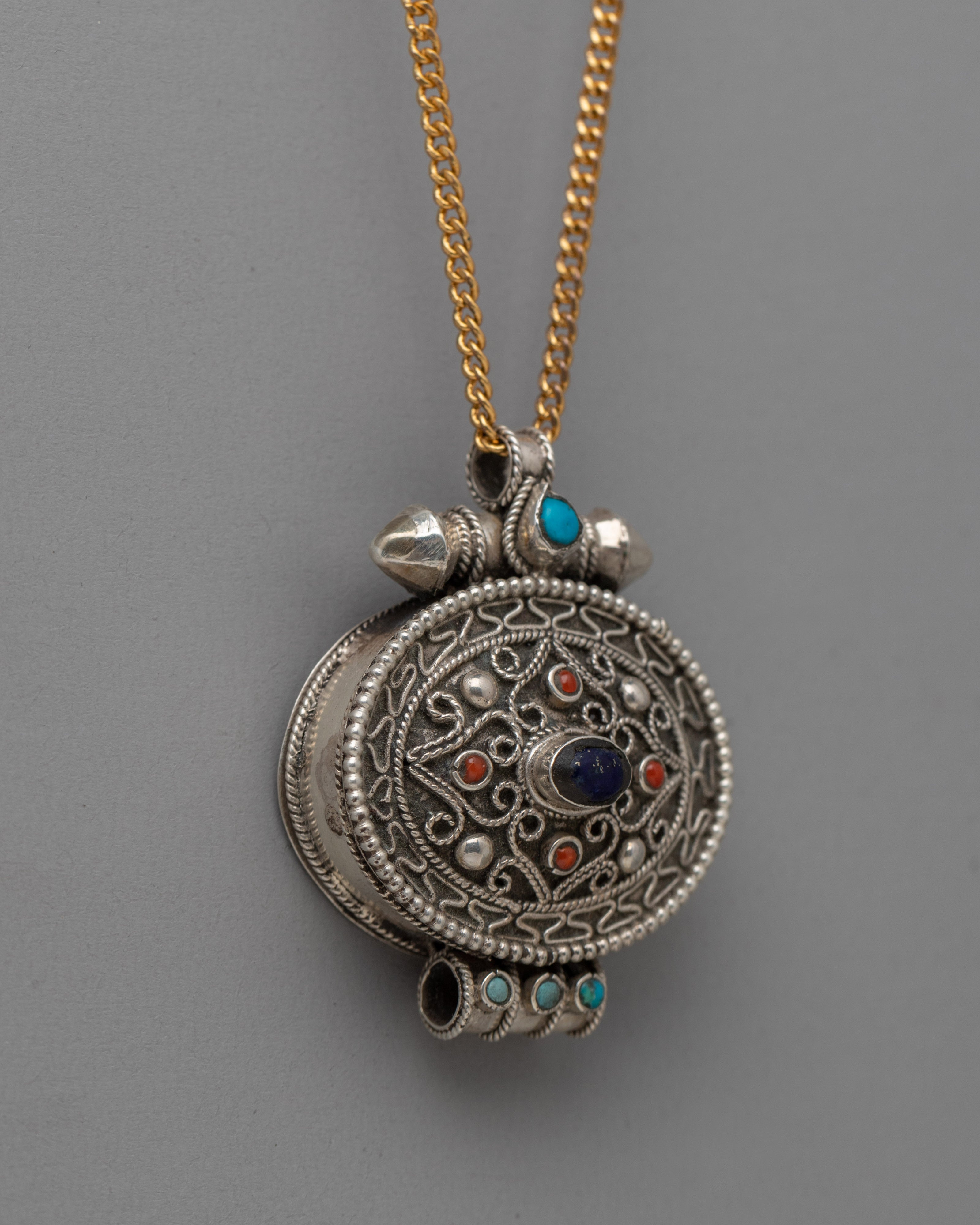 Handcrafted Ghau Prayer Box Pendant | Copper with Intricate Designs for Ritual Use