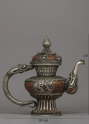 Religious Tibetan Tea Pot | A Sacred Silver-Plated Offering Vessel
