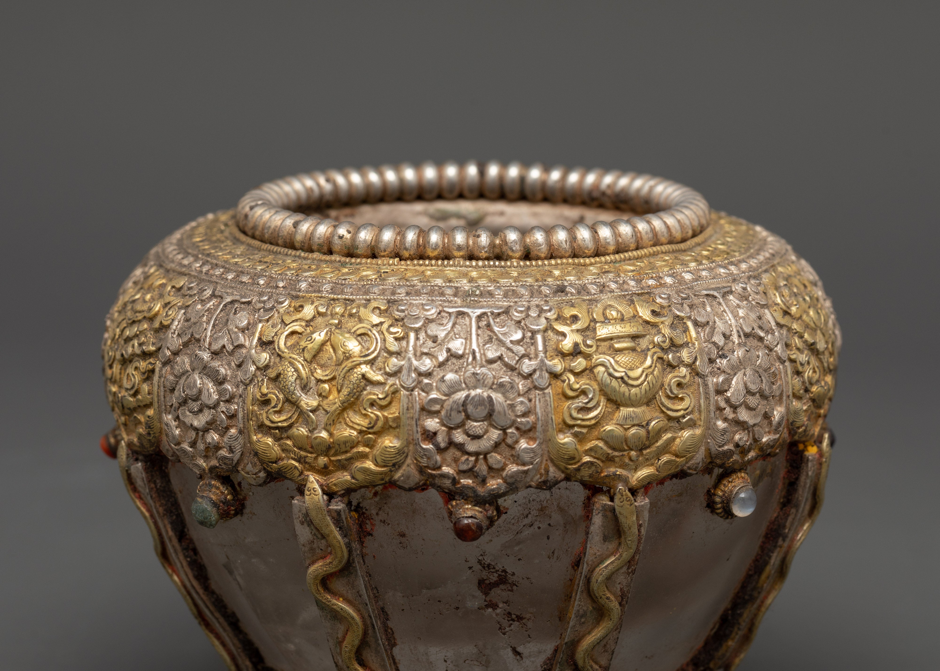 Gold-Plated Tibetan Golpa | Crystal Body with Sacred Stones