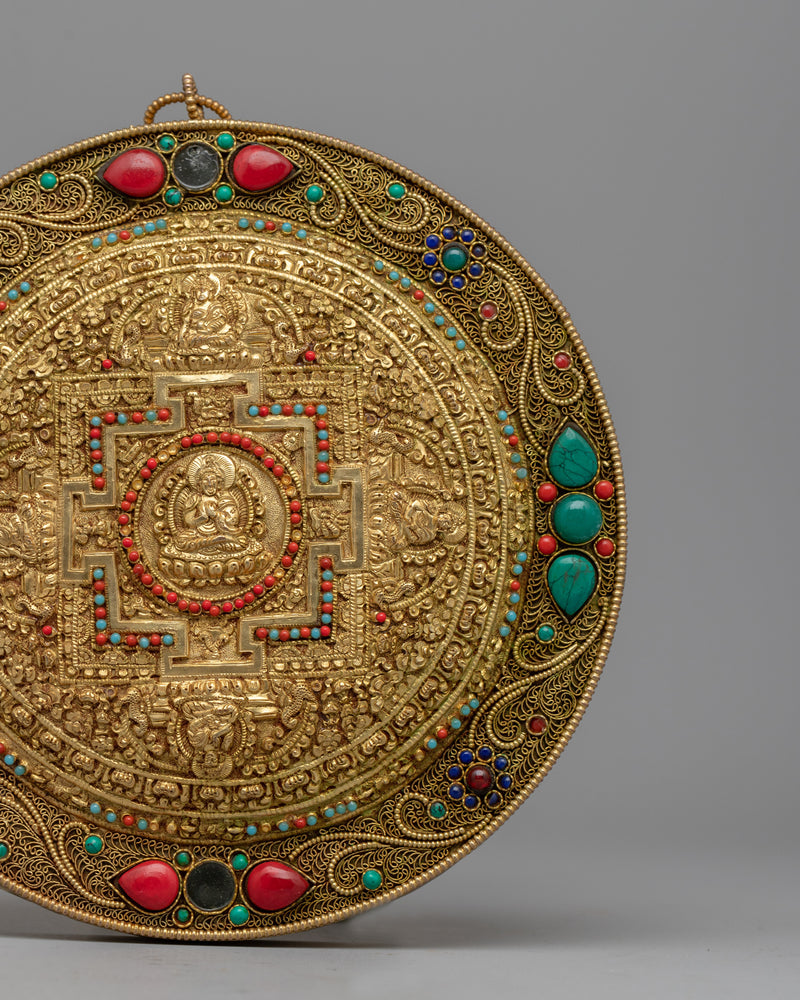 Intricate Copper Mandala Thangka | Decorative Wall Art for Buddhist Practices