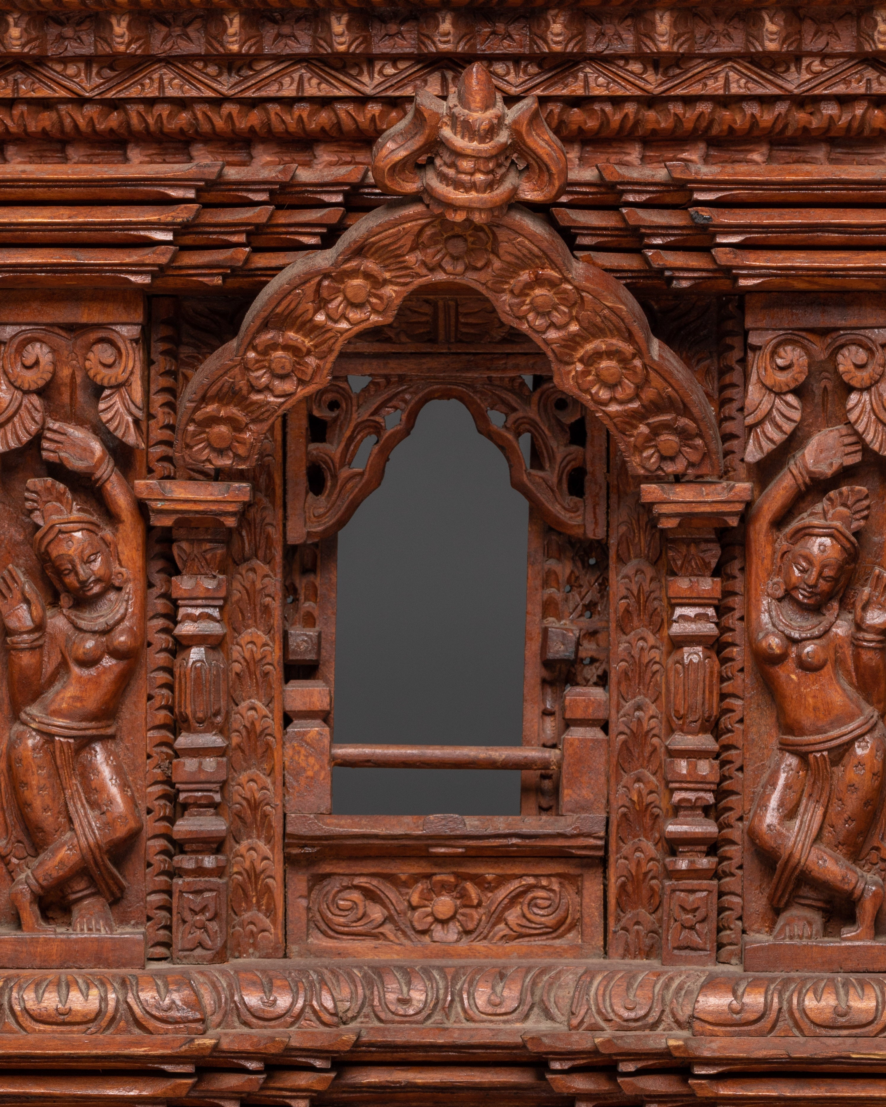 Sacred Architecture Decor | Large Hand-Carved Wooden Temple Window from Nepal
