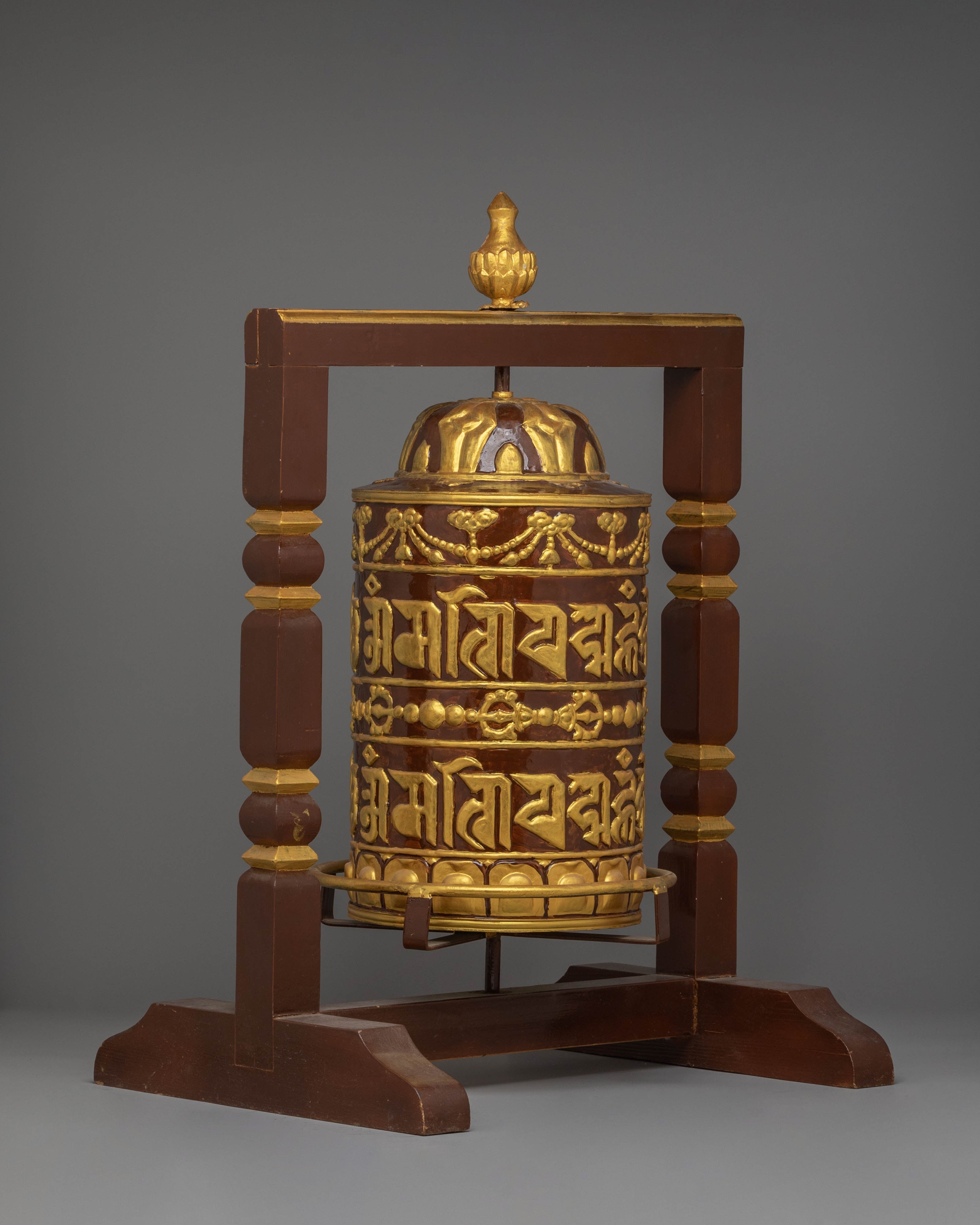 Prayer Wheel: Traditional Ritual Item | Copper Body with Acrylic Colors and Wood Base