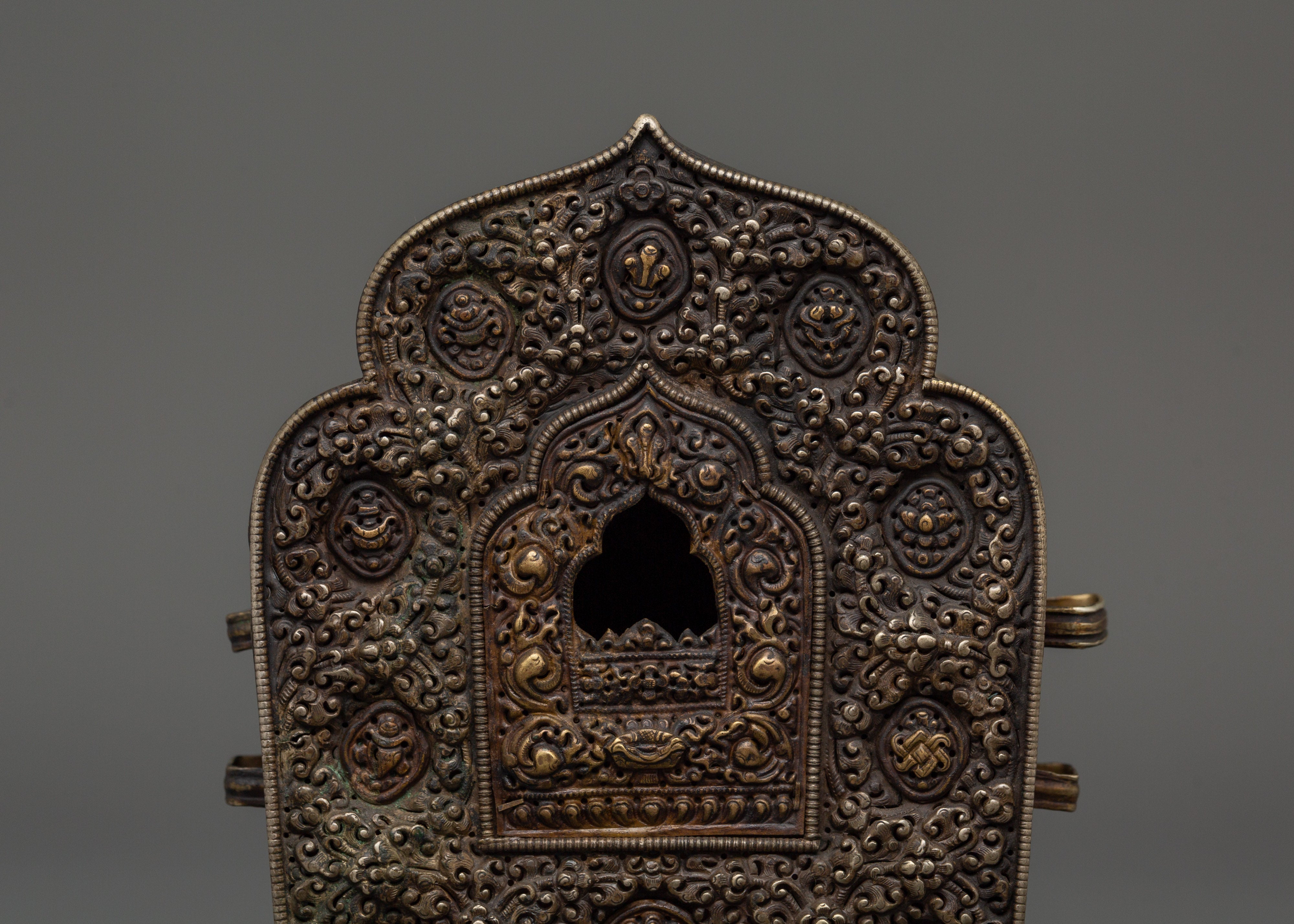 Handcrafted Tibetan Ghau Prayer Box | Brass, Silver & Copper Shrine with 8 Auspicious Symbols