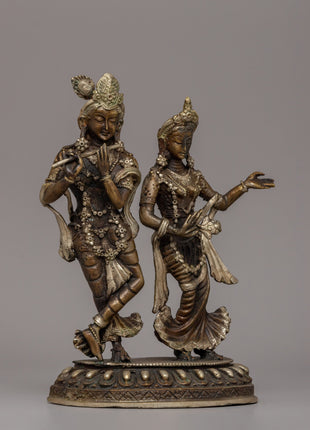 Silver-Plated Brass Radha Krishna Statue |  Symbol of Love & Devotion
