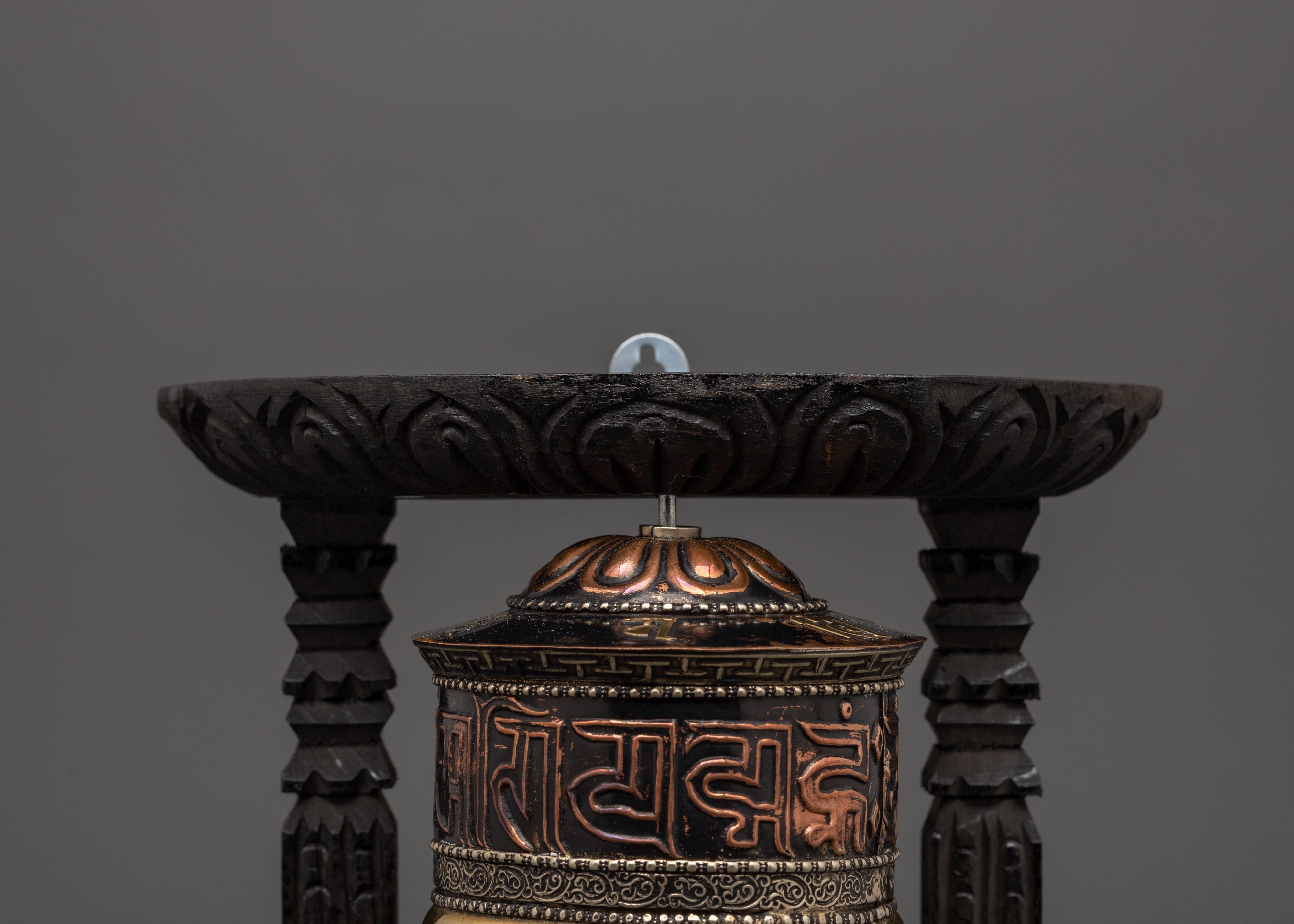 Sacred Wooden Framed Prayer Wheel | Copper and Brass Tibetan Mantra Wheel