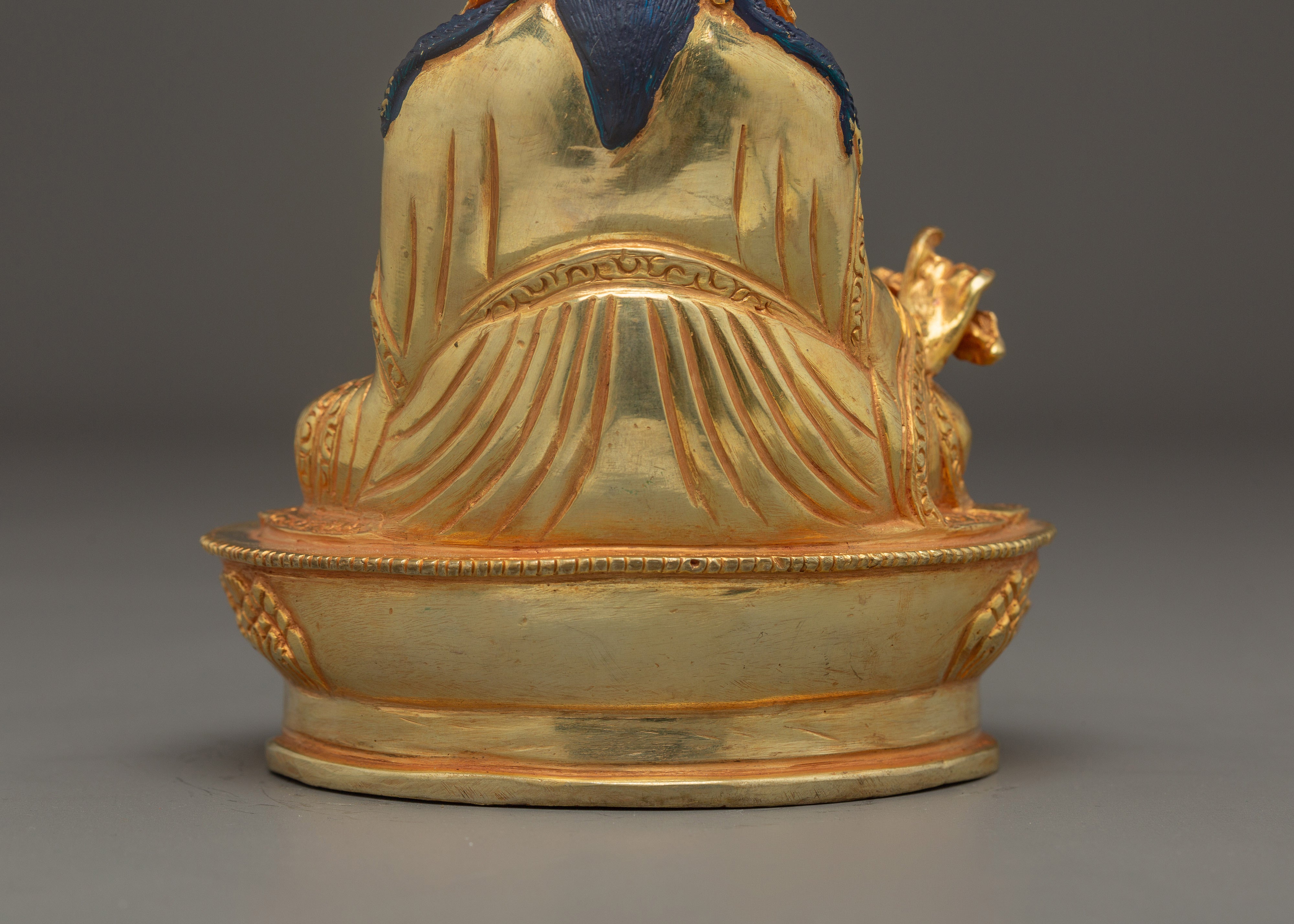 Sacred Padmasambhava Statue | Gold Plated Copper Buddha Sculpture with Coral & Turquoise