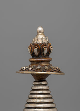 Elegant Tibetan Stupa with Silver Plating | Copper Body with Intricate Silver-Plated Spiral Dome