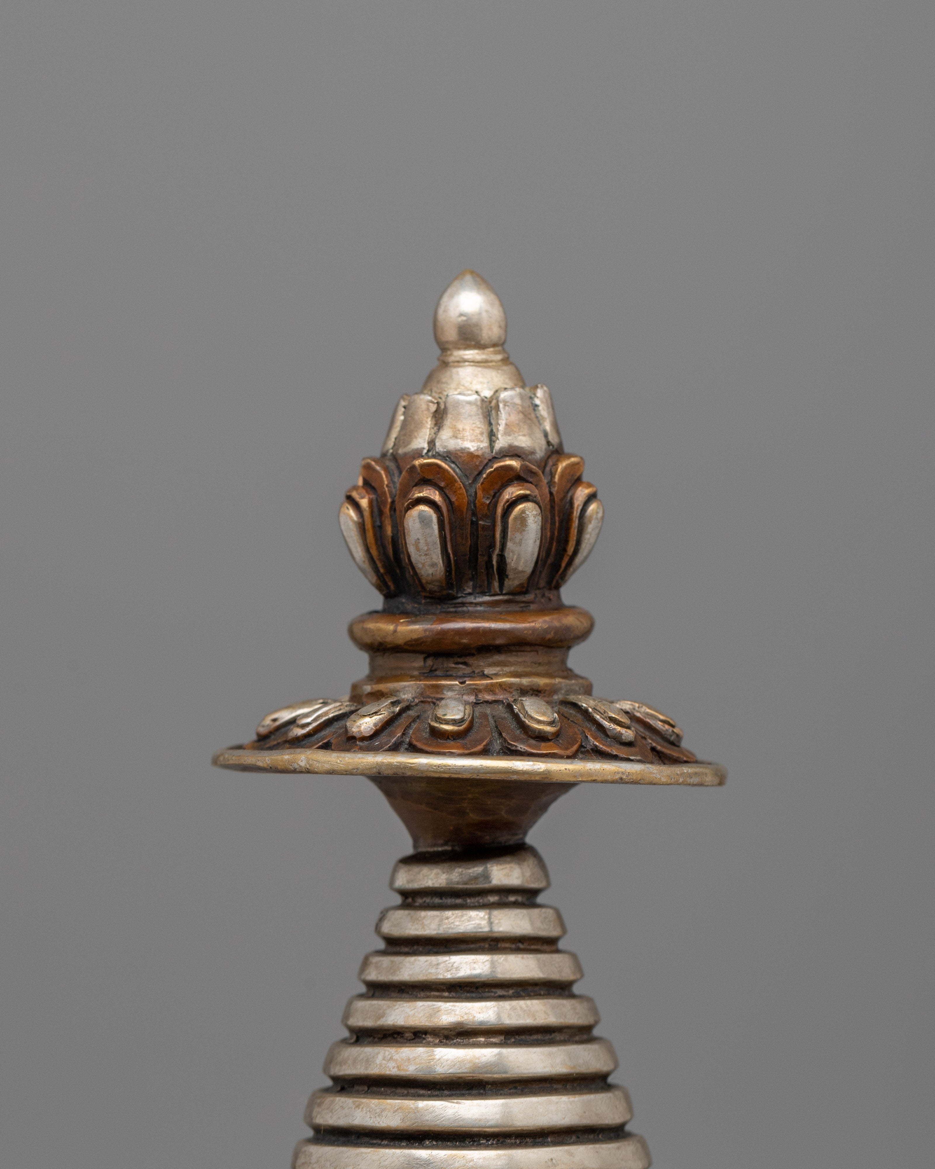 Elegant Tibetan Stupa with Silver Plating | Copper Body with Intricate Silver-Plated Spiral Dome