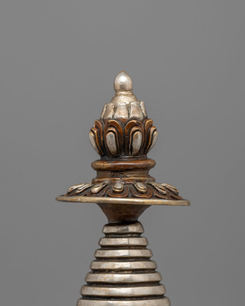 Elegant Tibetan Stupa with Silver Plating | Copper Body with Intricate Silver-Plated Spiral Dome