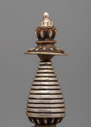 Elegant Tibetan Stupa with Silver Plating | Copper Body with Intricate Silver-Plated Spiral Dome