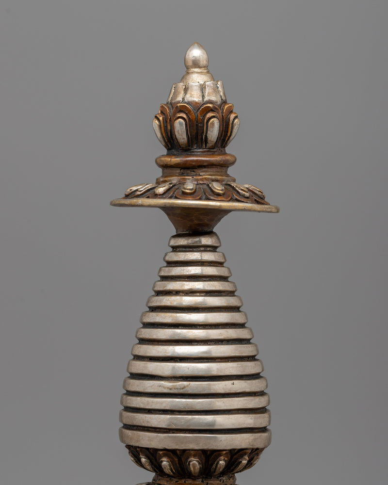 Elegant Tibetan Stupa with Silver Plating | Copper Body with Intricate Silver-Plated Spiral Dome