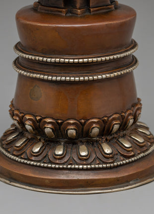 Elegant Tibetan Stupa with Silver Plating | Copper Body with Intricate Silver-Plated Spiral Dome