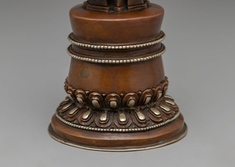 Elegant Tibetan Stupa with Silver Plating | Copper Body with Intricate Silver-Plated Spiral Dome