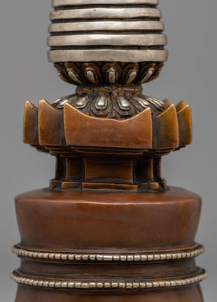 Elegant Tibetan Stupa with Silver Plating | Copper Body with Intricate Silver-Plated Spiral Dome