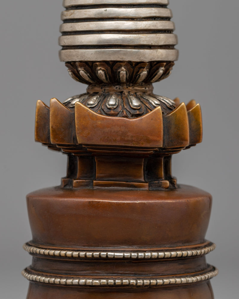 Elegant Tibetan Stupa with Silver Plating | Copper Body with Intricate Silver-Plated Spiral Dome