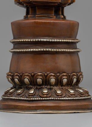 Elegant Tibetan Stupa with Silver Plating | Copper Body with Intricate Silver-Plated Spiral Dome