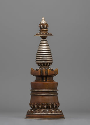 Elegant Tibetan Stupa with Silver Plating | Copper Body with Intricate Silver-Plated Spiral Dome