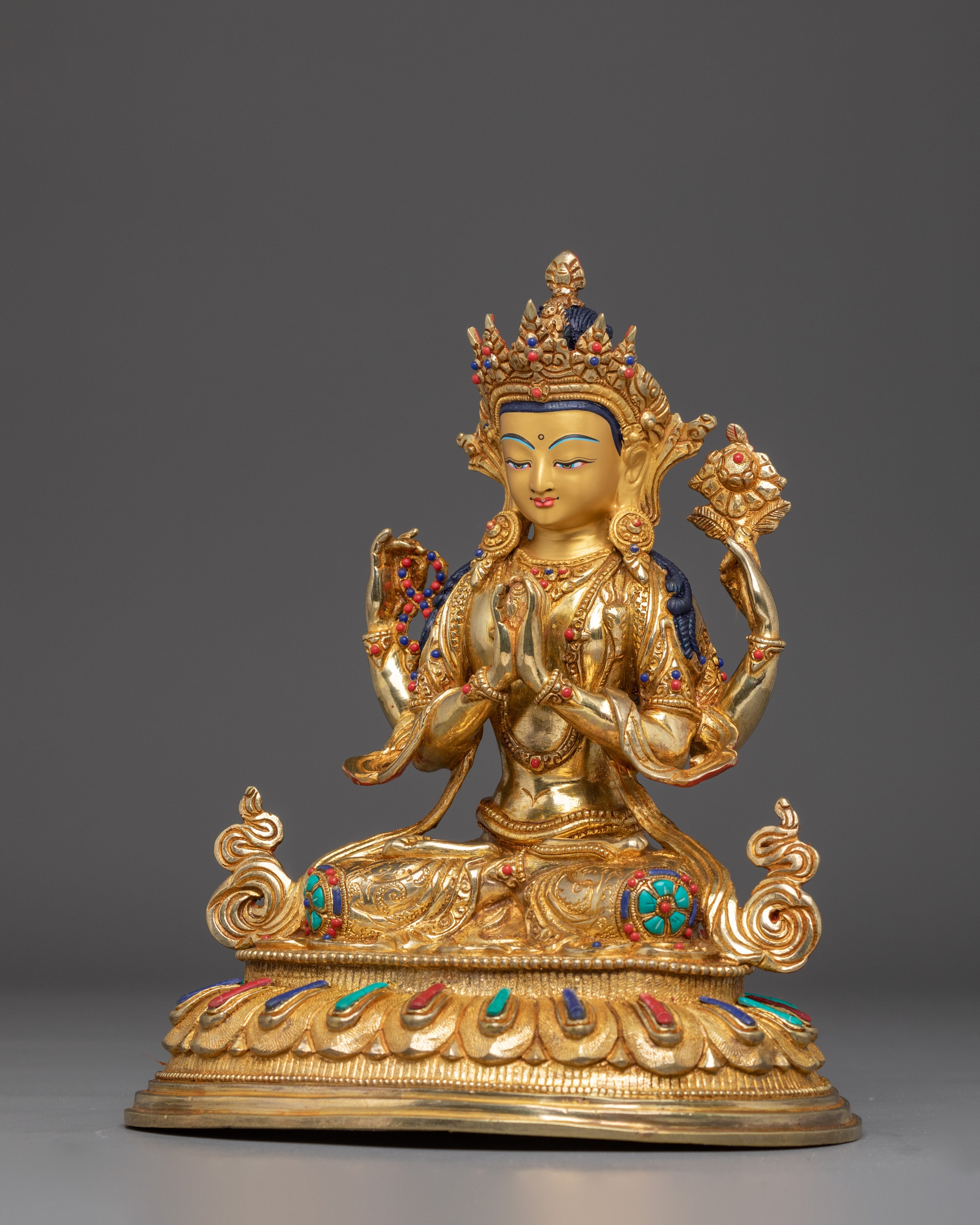 Gold Plated Buddhist Chenrezig Sculpture | Copper Sculpture with Coral & Turquoise