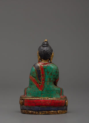 Beautiful Shakyamuni Buddha | Brass with Turquoise & Coral Inlay