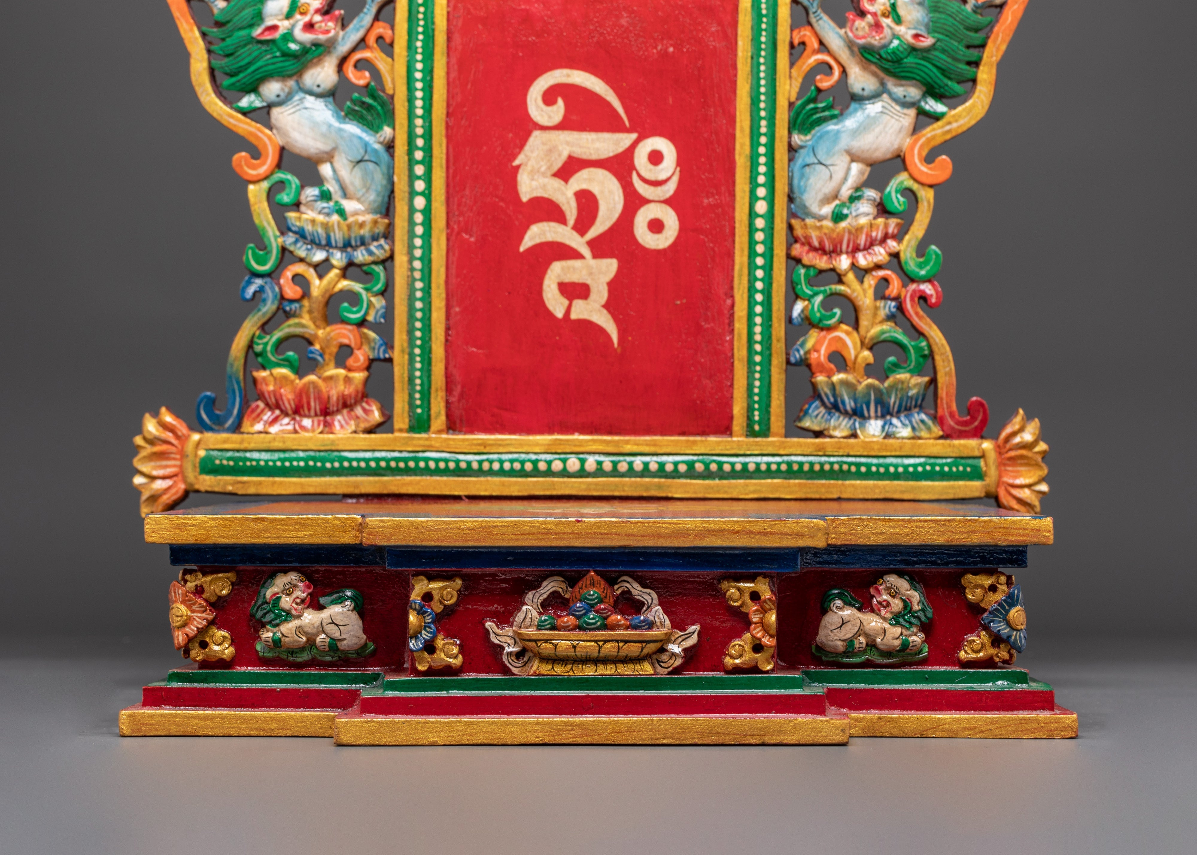 Spiritual Altar Throne with Tibetan Script | Handcrafted Buddhist Wooden Shrine