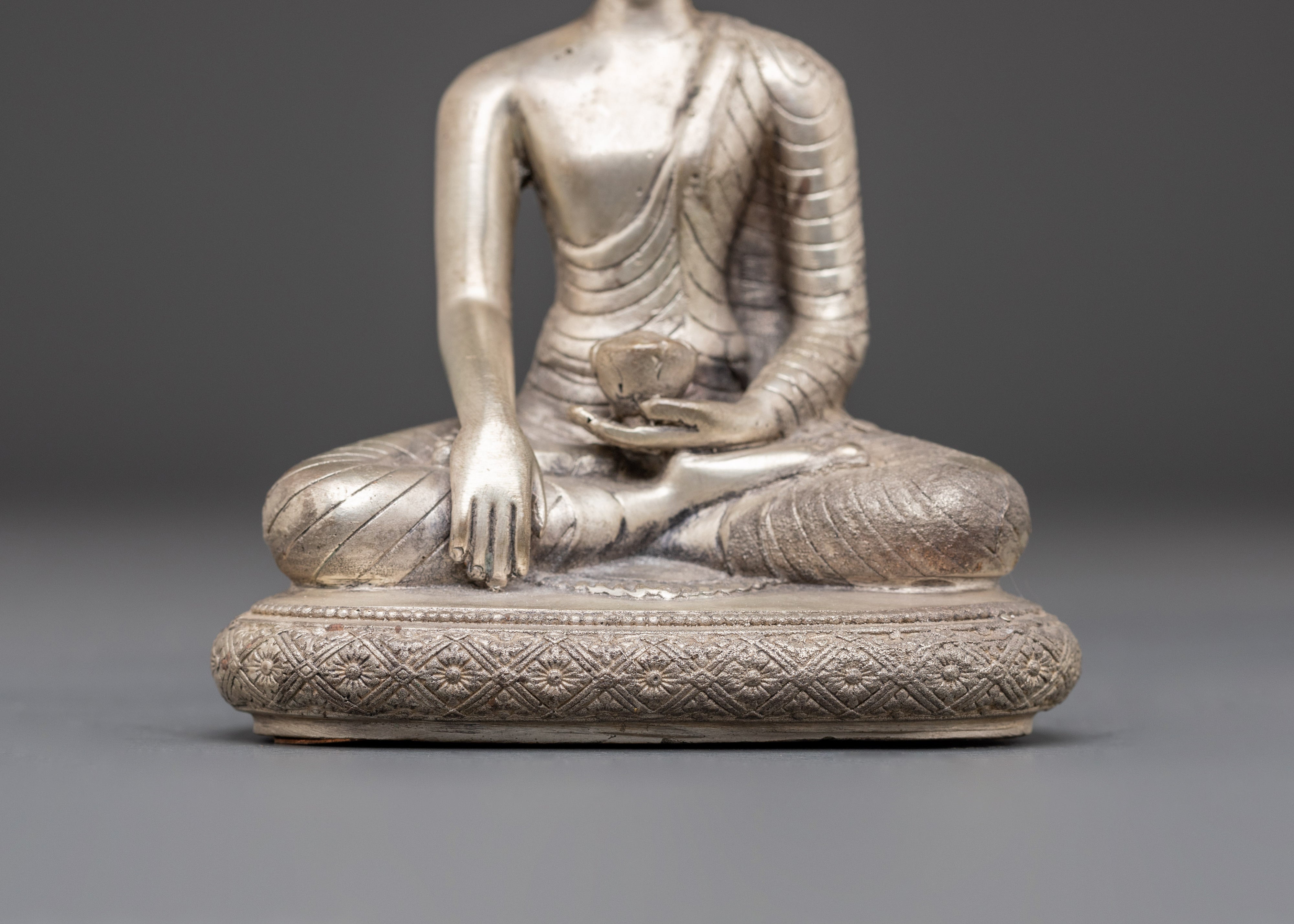 Handmade Himalayan Shakyamuni Buddha Statue | Silver Plated Copper Meditation Art