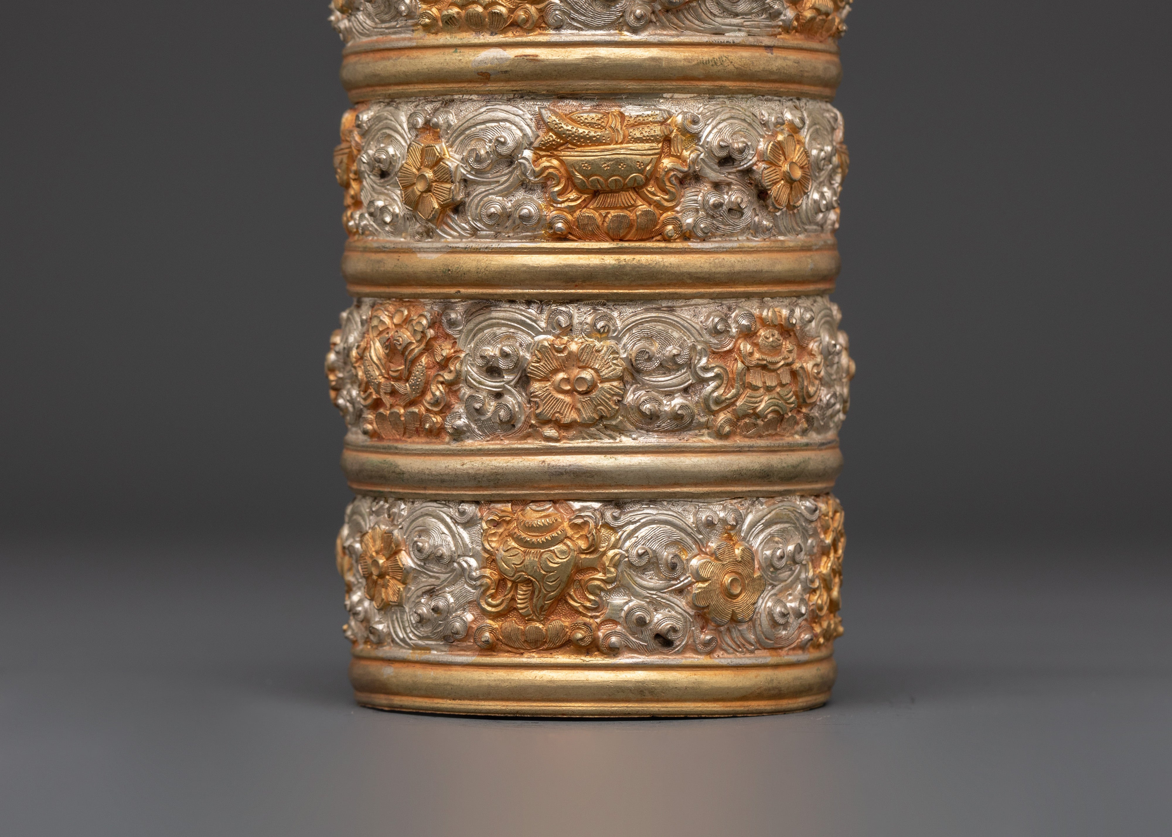 Ethnic Tibetan Rice Pot | Copper and Silver Plated Ritual Decorative Vessel