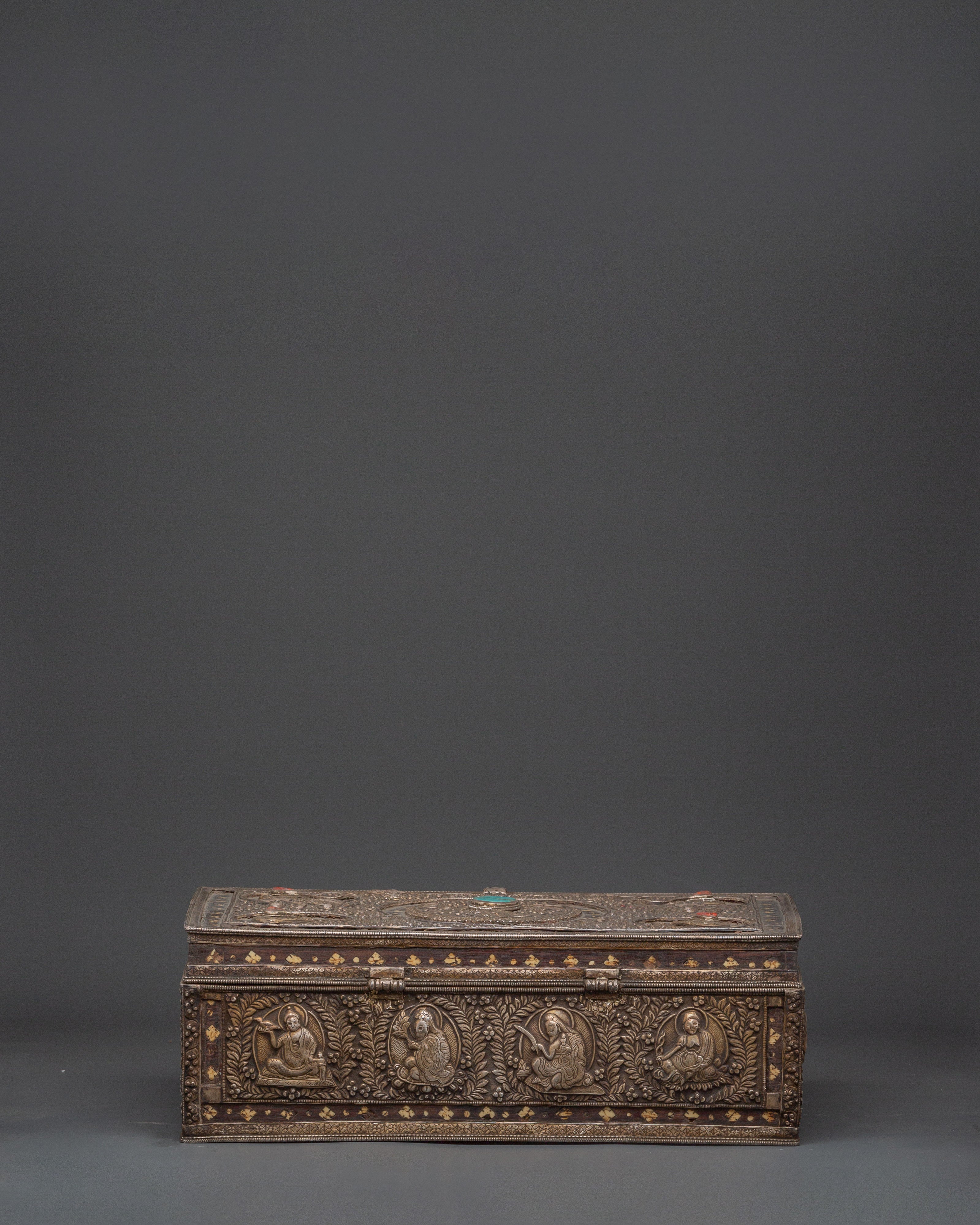 Pure Silver Treasure Box with Coral & Turquoise | Decorative Storage Box