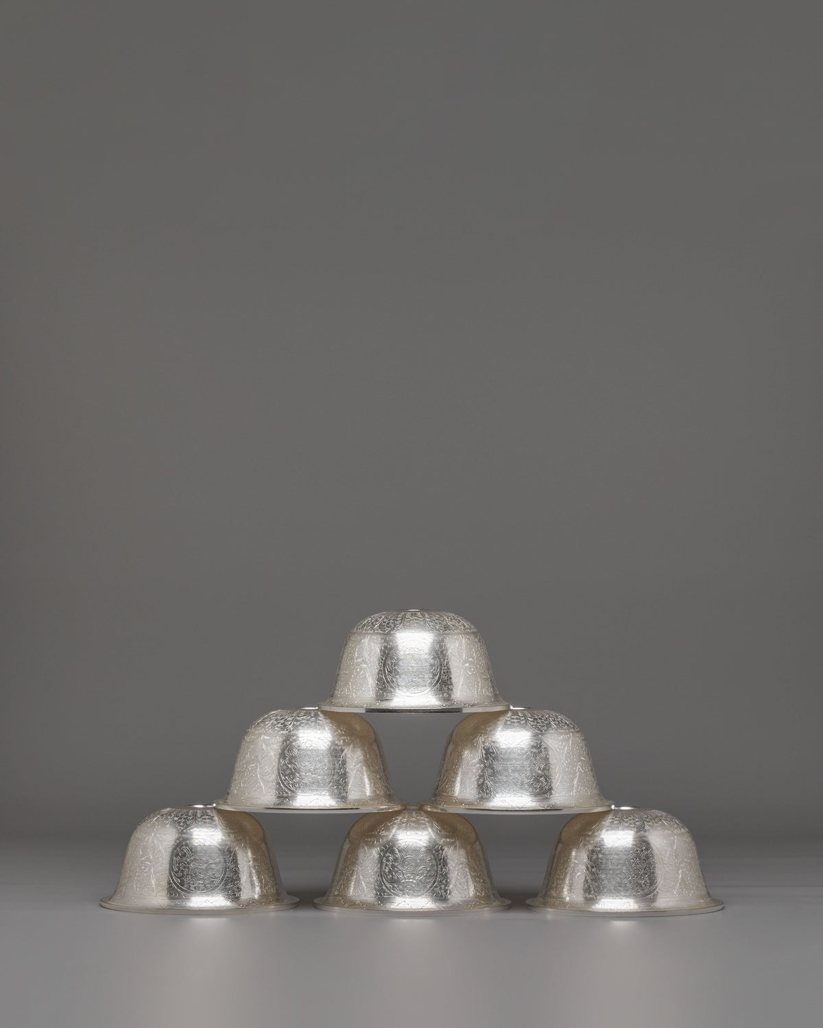 Himalayan Ritual Offering Bowl Set | White Metal Buddhist Altar Bowls