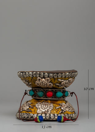 Ritual Drum with White Metal, Coral & Turquoise | Buddhist damaru