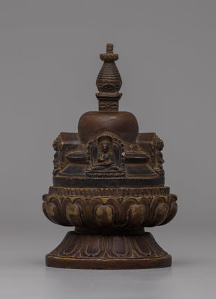 Hand-Carved Copper Stupa with Antique Finish 