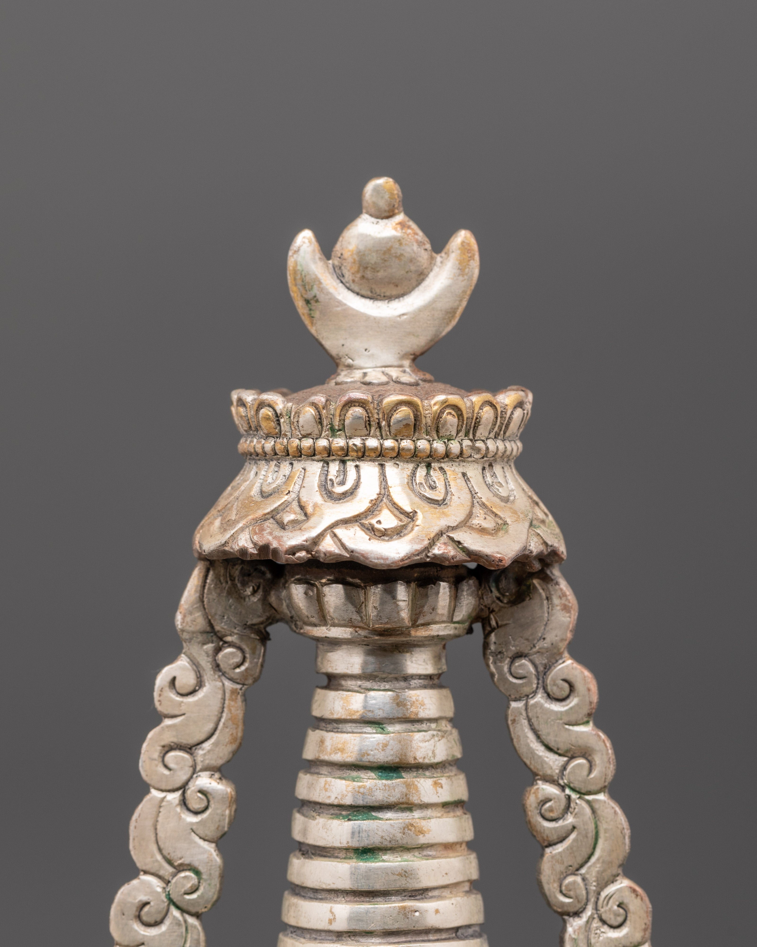 Handcrafted Stupa with Protective Deity | Silver Plated Tibetan Stupa