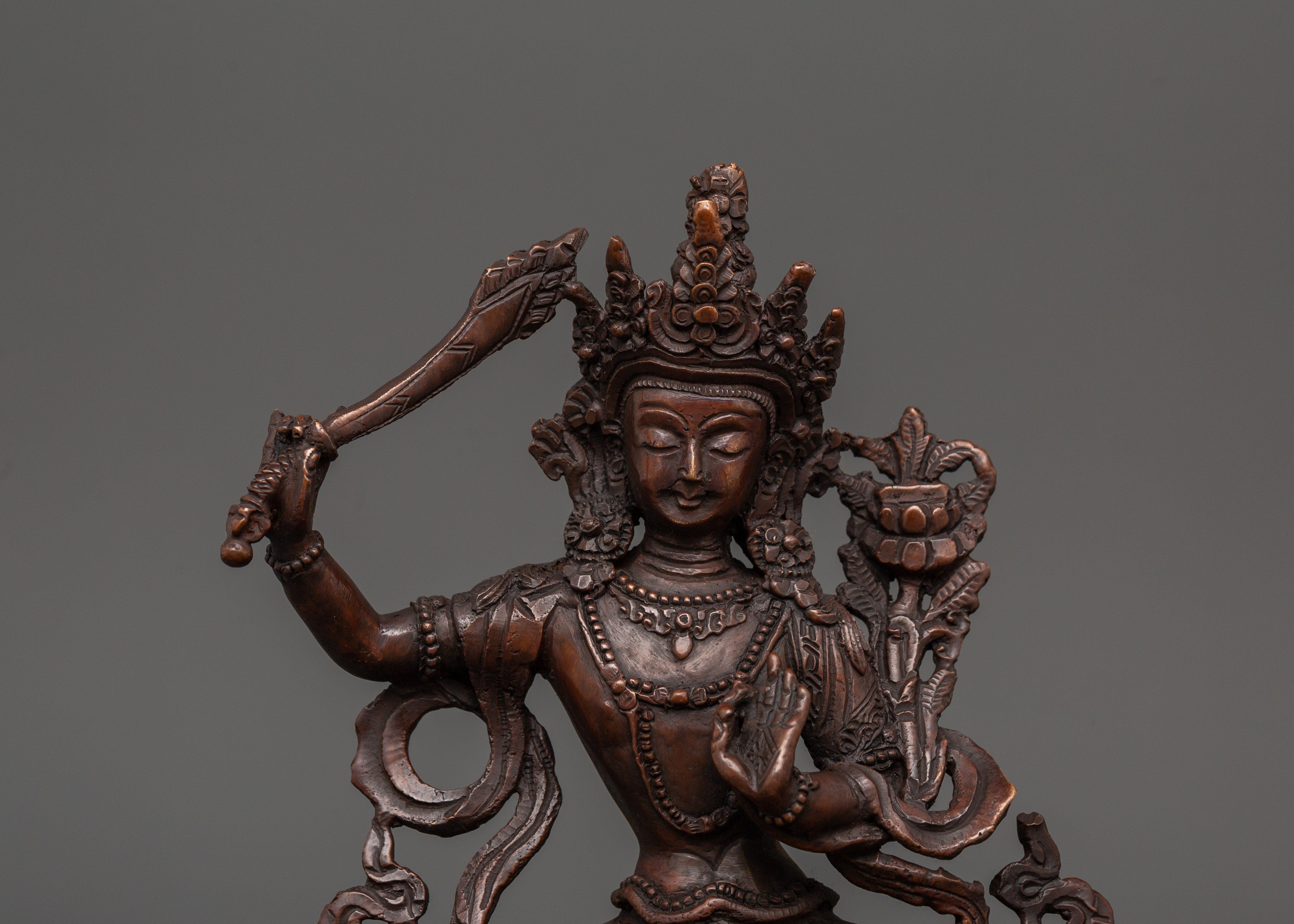 Sacred Manjushri Sculpture | Oxidized Copper Buddhist Bodhisattva of Wisdom