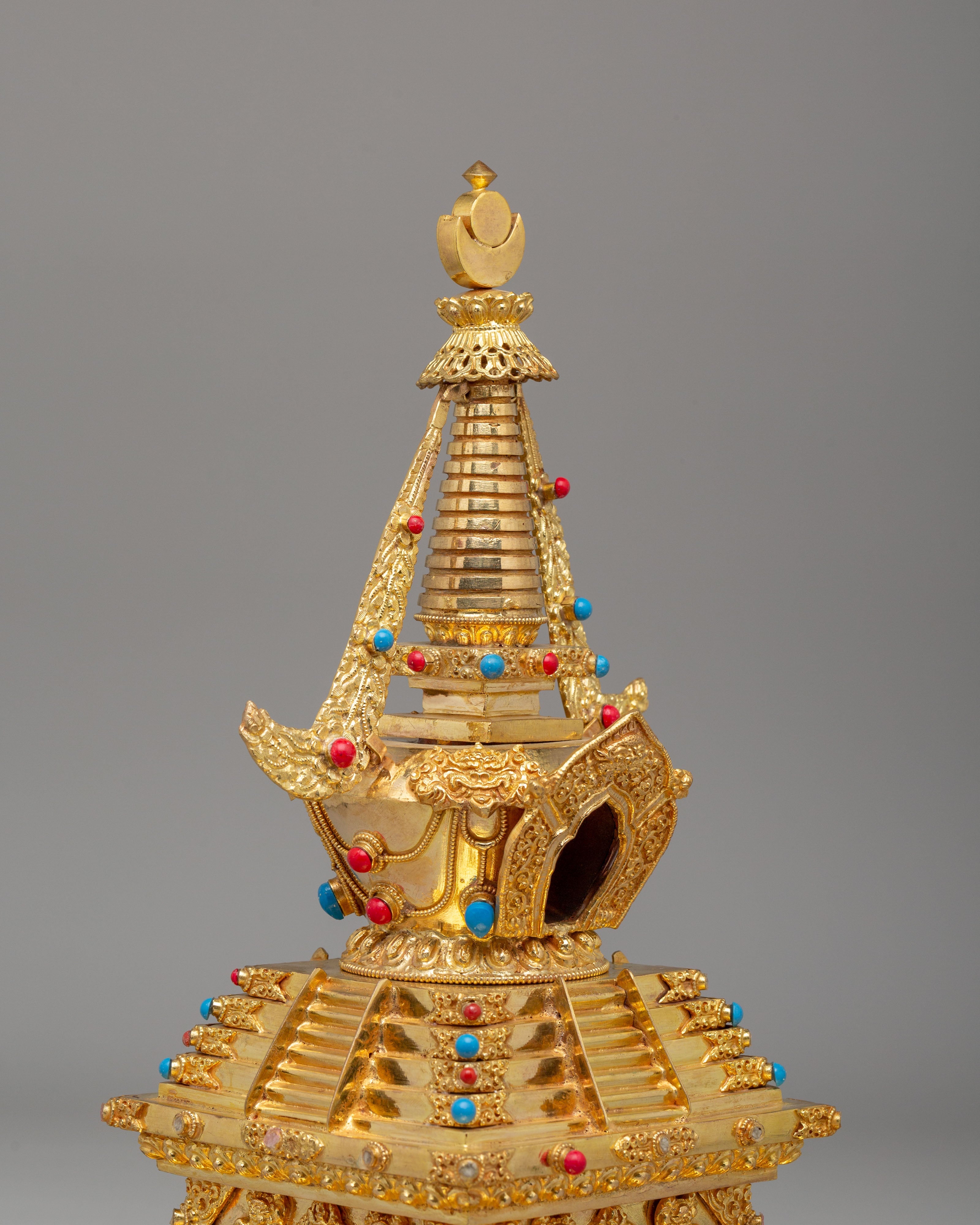 Traditional Descent From Heaven Stupa | 22K Gold Copper Tibetan Stupa