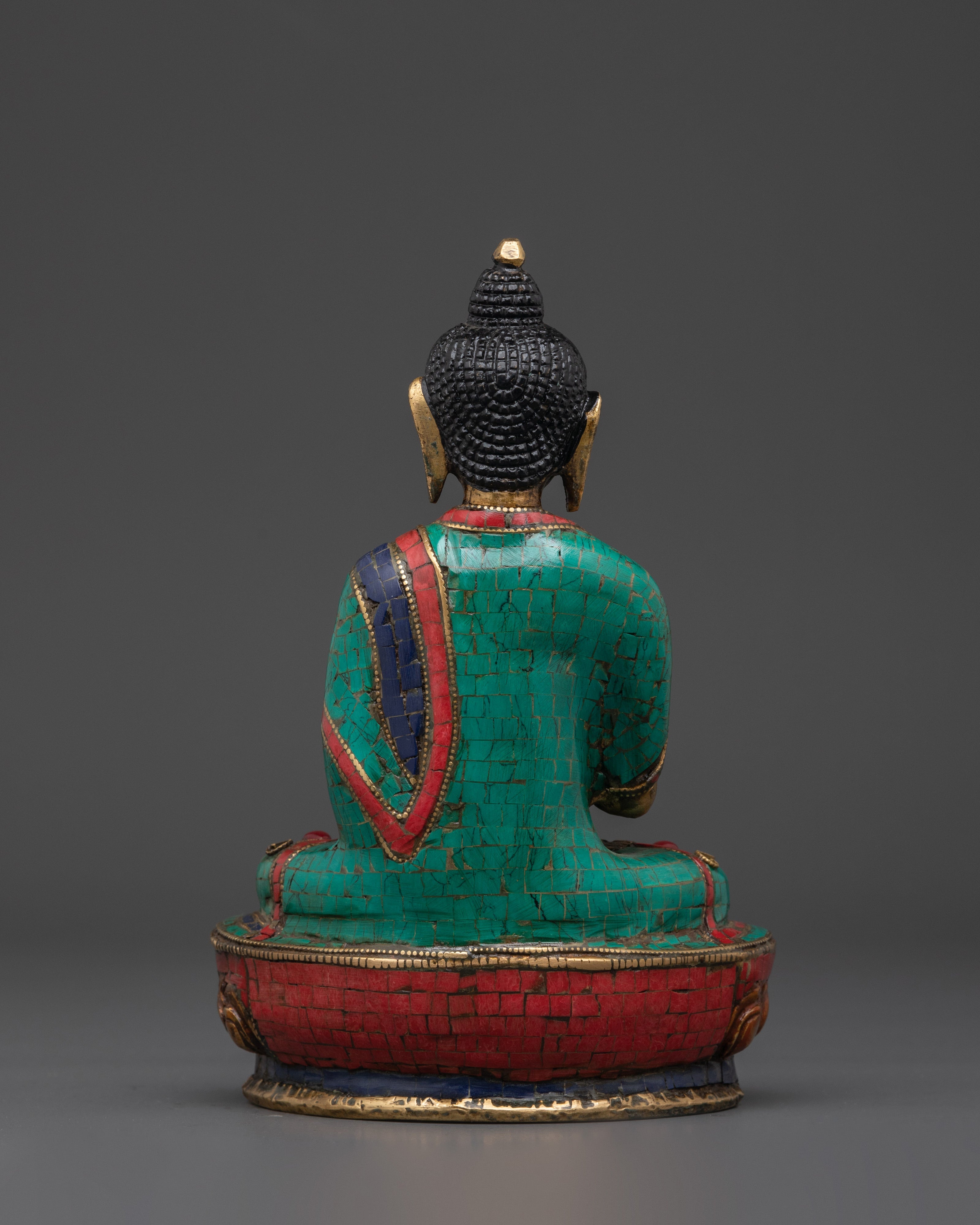 Handmade Amoghasiddhi Buddha Sculpture | Brass, Coral & Turquoise Inlay