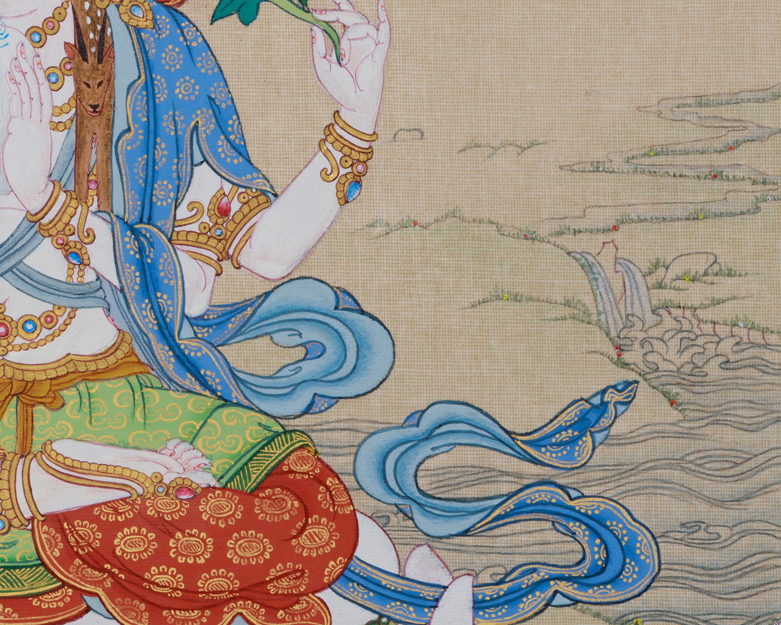 Tibetan Avalokiteshvara Thangka | 4-Armed Chenrezig, Bodhisattva of Compassion and Wisdom