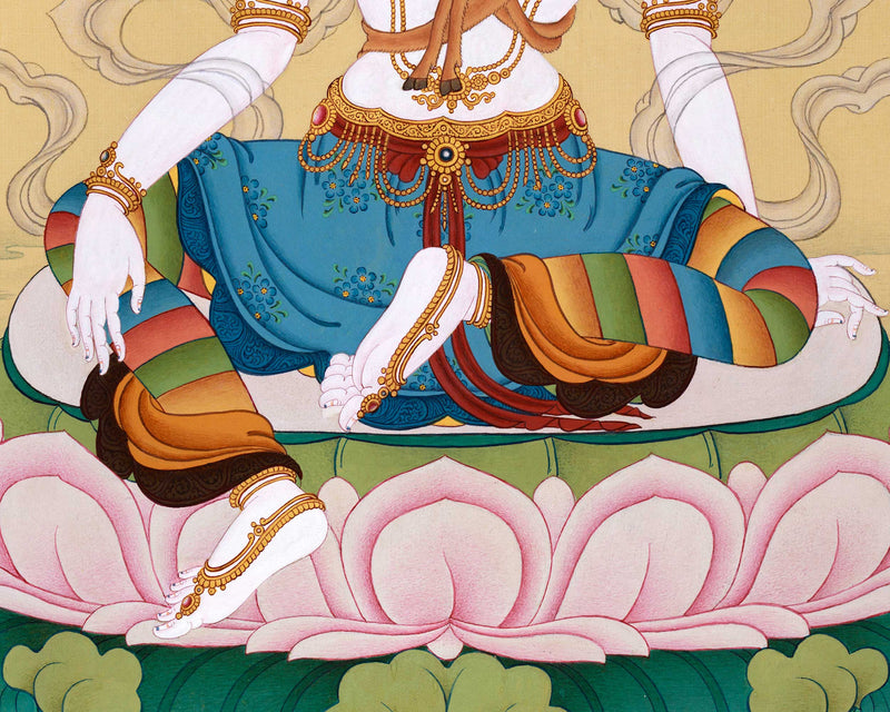 Exquisite Thangka of 2 armed Chenresig