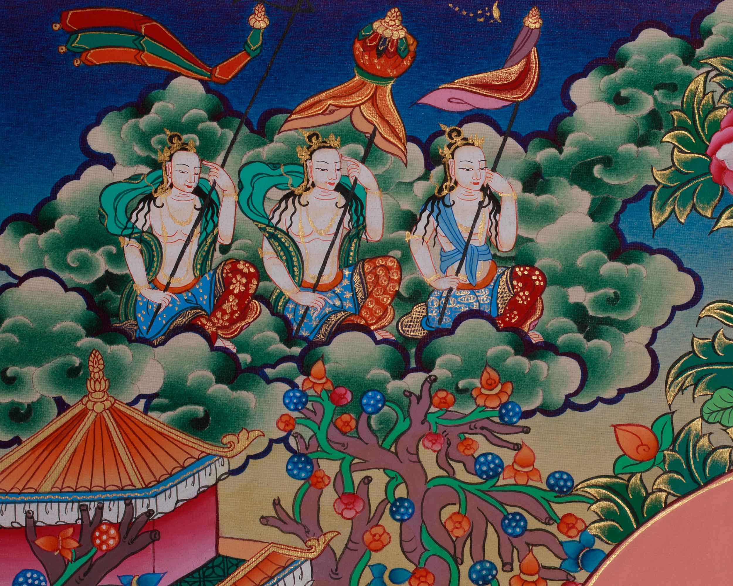Divine Thangka of Green Tara with Amitabha Buddha, Chenrezig, and Vajrapani | Spiritual Art