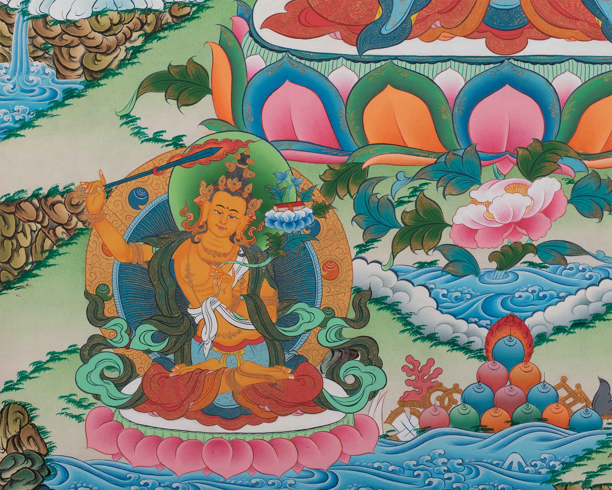 Chenrezig Thangka Print Enveloped by Bodhisattvas' Grace | Traditional Wall Decors