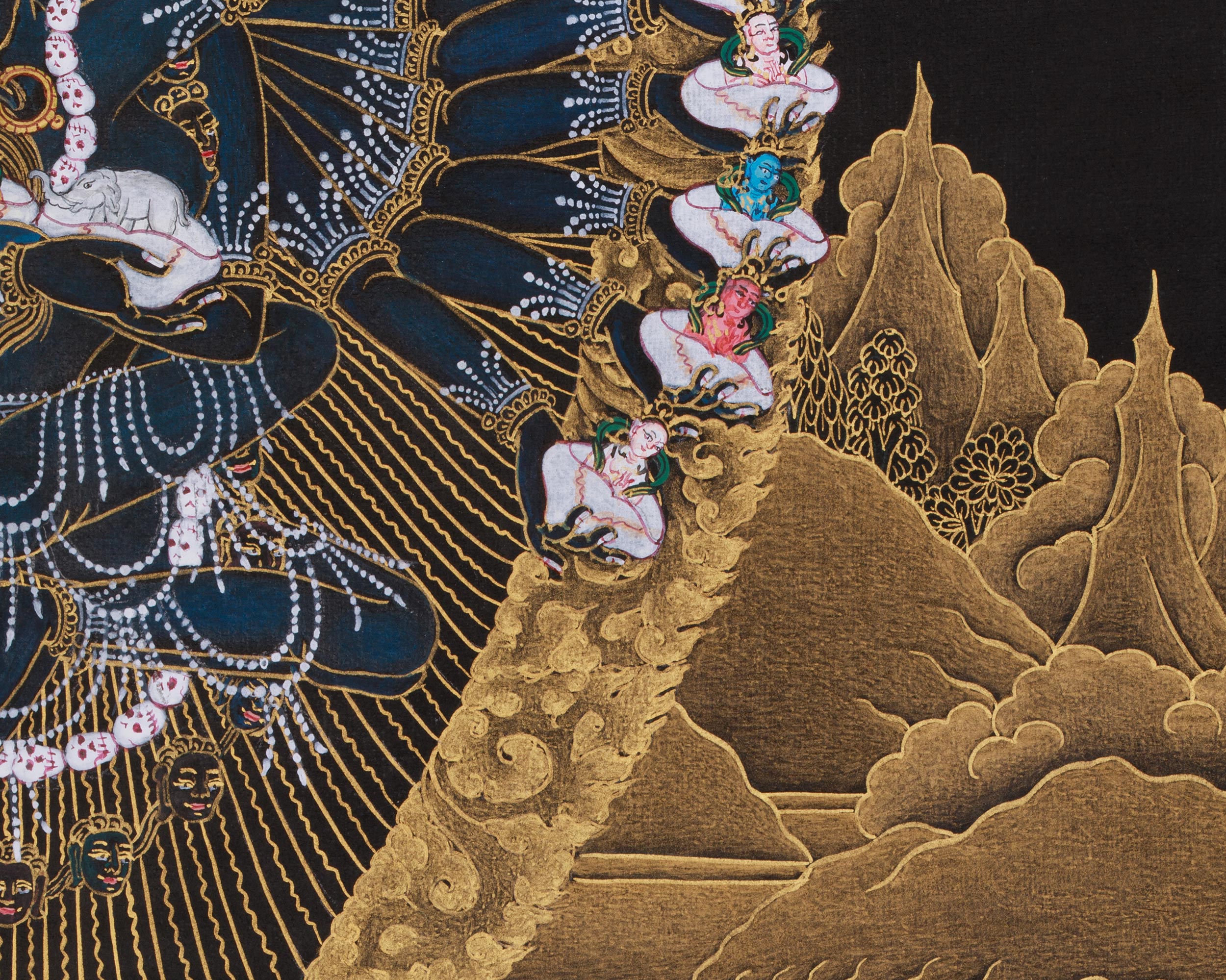 Gold on Black Hevajra Thangka | Fierce Meditational Deity | Vajrayana Buddhism