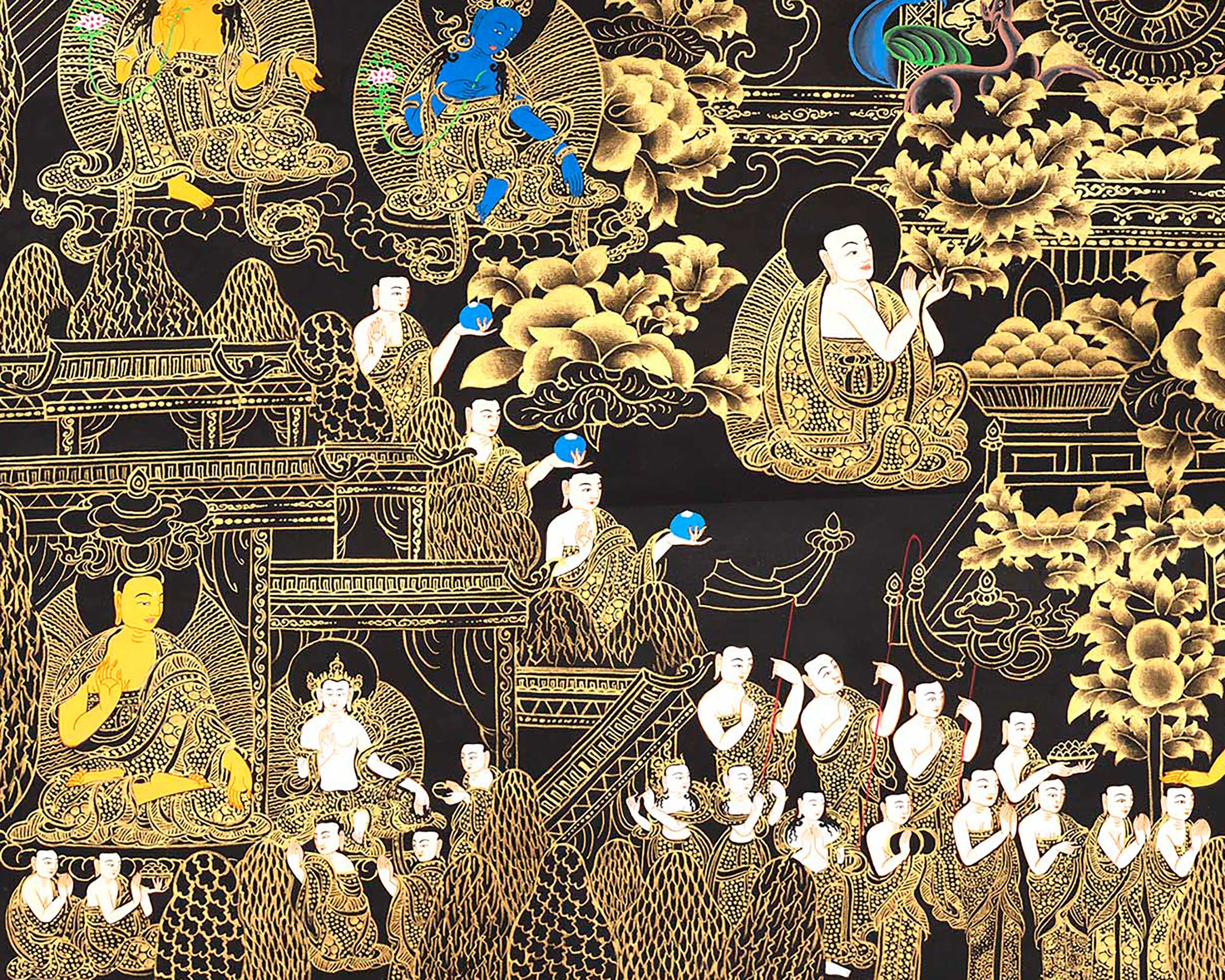 Black and Gold Amitabha Buddha Thangka | Sukhavati Thangka | Meditation Buddha