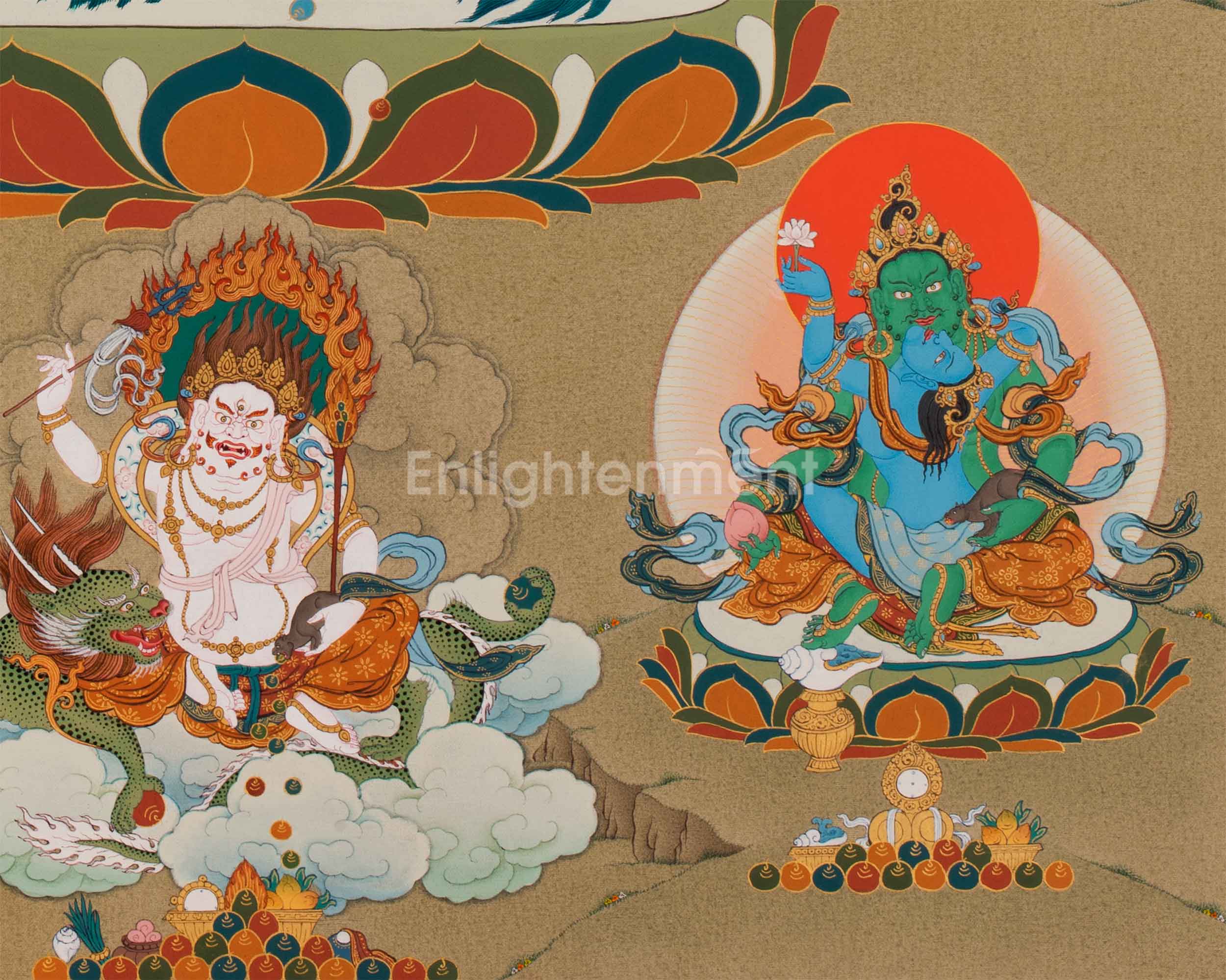 The Five Dzambhala Thangka - A Tapestry of Wealth and Abundance | Buddhist Wealth Deity Canvas