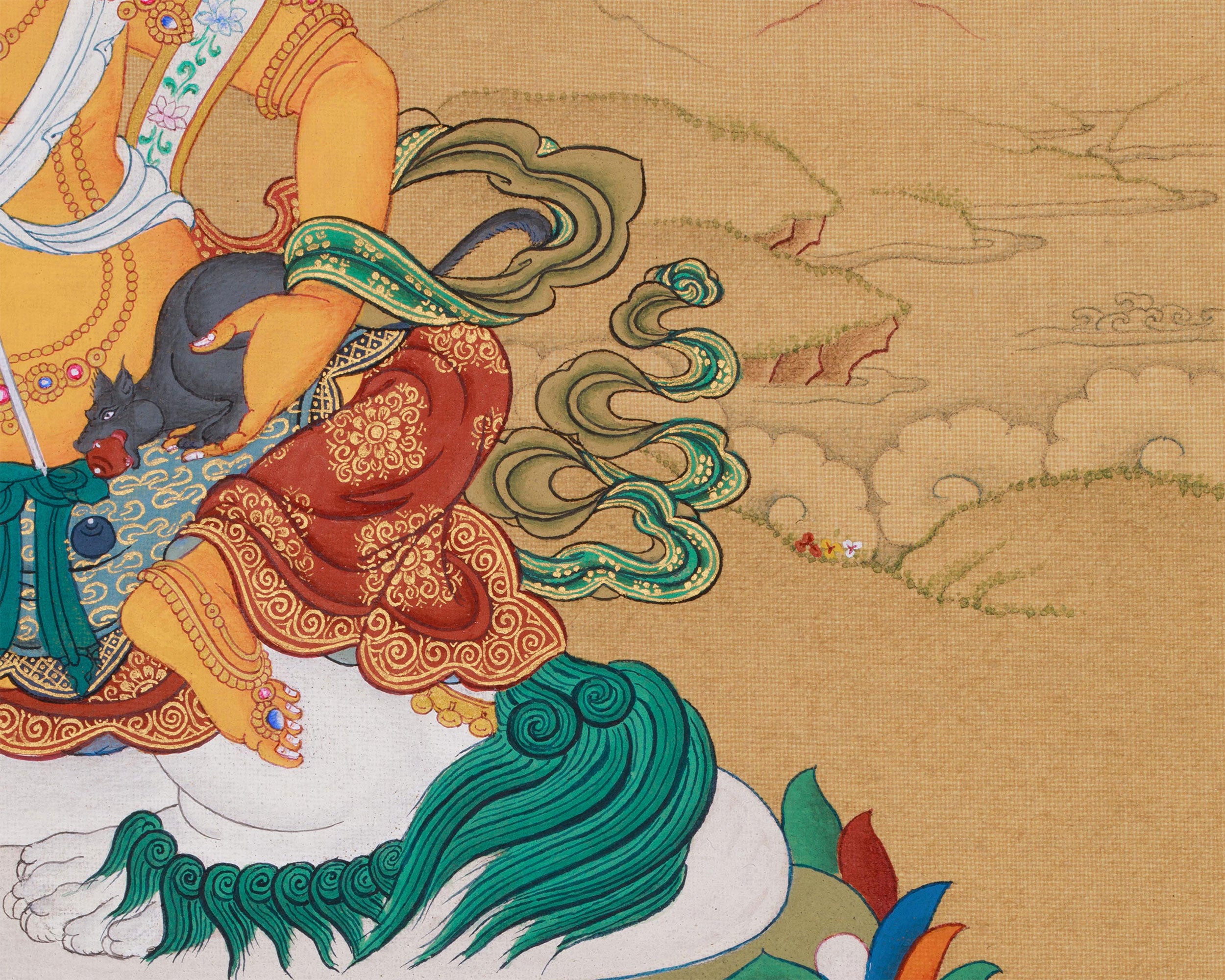 Powerful Namtoshe with Ratnasambhava Thangka | Protector Deity on Snow Lion