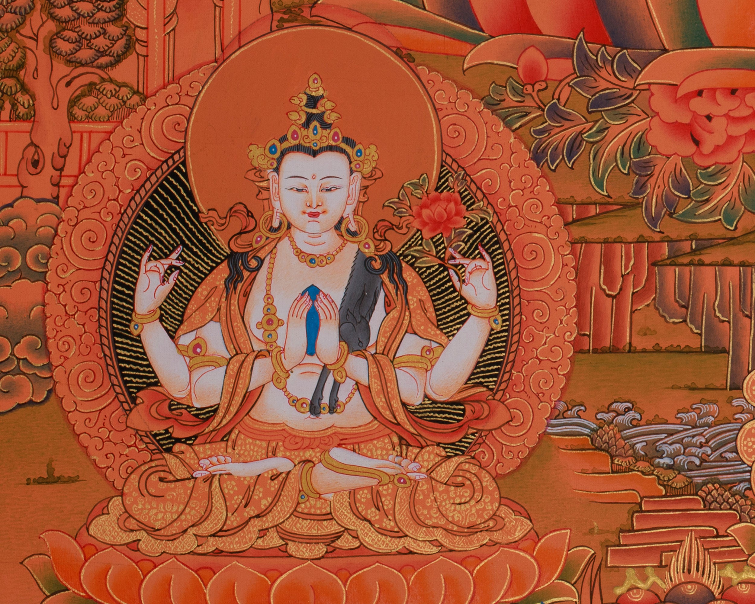 Manjushri with Five Buddhas & Bodhisattvas |  Sacred Thangka of Wisdom and Enlightened Energy