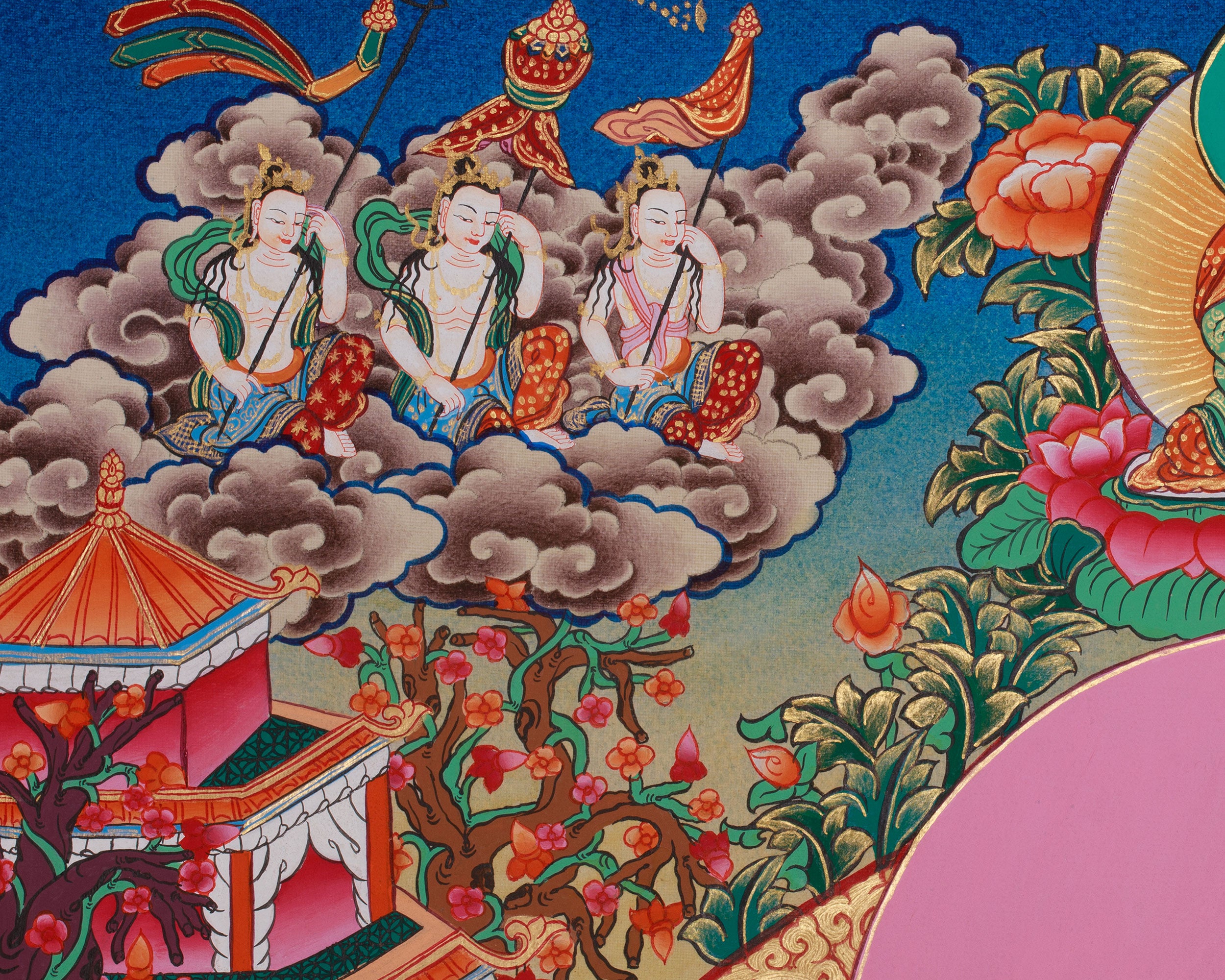 Chenrezig with Amitabha, Manjushri, and Vajrapani Thangka | Sacred Tibetan Art