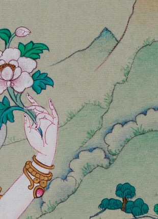 Hand-Painted Mini Chenrezig Thangka | Tibetan Buddha Art of Compassion and Protection